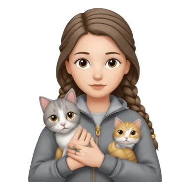 a white girl with long brunette hair in braid that is over her shoulder. shes holding a grey cat. the girl has long lashes and has on a grey zip up that is half way zipped  and under a white shirt and gold jewelry that is gold bracelets. sticker