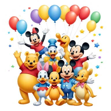Icon for Animated Movies: A colorful, playful collage of classic cartoon characters like Goofy, Mickey Mouse, Donald Duck, Winnie-the-Pooh, and others. Bright, vibrant colors with cheerful expressions and fun elements like balloons and stars. Whimsical and nostalgic style. Transparent background. sticker