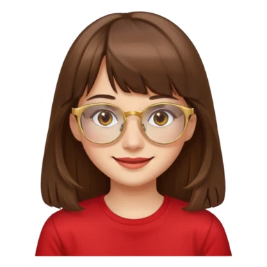 chica con piel blanca sonriendo, ojos marrones y pelo marrón largo con flequillo y lentes dorados con remera roja. sticker