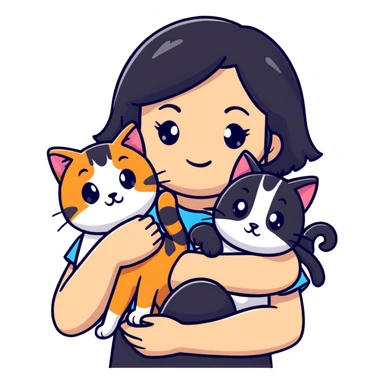 teenage girl with black hair with brown highlights with two cats that are tri-colored (black, orange, and white) sticker