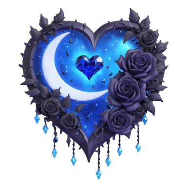 gothic heart with jagged broken edges 3D emoji, midnight blue glass, silver crescent moon, black roses, stardust, lightning, rain, fractured glass, cosmic style sticker