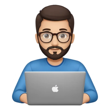 23 year old Azerbaijani man with dark brown hair and beard with glasses and laptop sticker