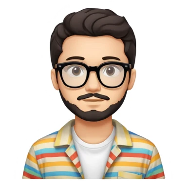 young adult man with light skin, short beard, dark wavy hair, relaxed expression, very wide rectangular glasses with thick black acetate frame and thick double bridge, retro oversized style, colorful open shirt and white t-shirt sticker