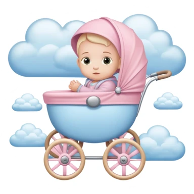 baby sitting in pink and beige stroller with pastel blue clouds around it sticker