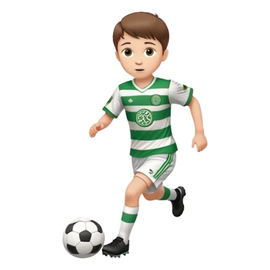 Celtic footballer jersey logo  6 years old brown hair white boy , brown eyes , stripes uniform , RUNNING  with soccer ball is number  17 celtic football logo  ONE CELTIC LOGO ONLY white shorts sticker