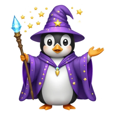penguin wizard casting a spell with sparkles and a starry robe, emoji style sticker