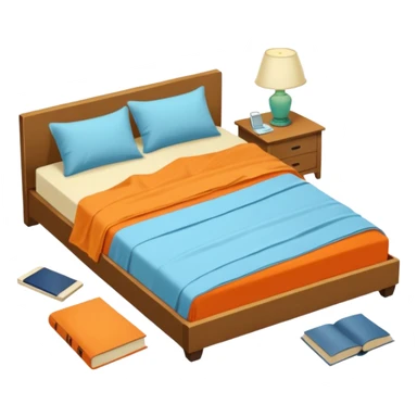 bed with a wrinkled light blue blanket, cream mattress, and one pillow out of place on the floor. Around the bed, scattered items include an orange t-shirt, greenish-blue pants, and an open book on the floor. The background is transparent sticker