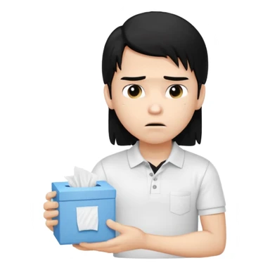generate a pretty bratz boy with long black hair, wearing a white polo shirt. Looking sad, holding a box of tissues in right hand sticker
