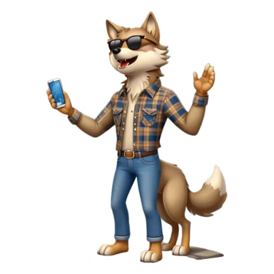 friendly anthropomorphised wolf in jeans and plaid shirt, wearing dark sunglasses, howling with the moon in the background, dynamic pose sticker