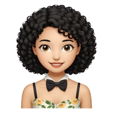 A young woman. She has voluminous, curly black hair that frames her face beautifully. Her skin tone is warm and glowing, and she has a subtle, natural makeup look. She’s smiling softly at the camera. She is wearing a white floral top with thin straps and a small bow tie detail in the front. sticker