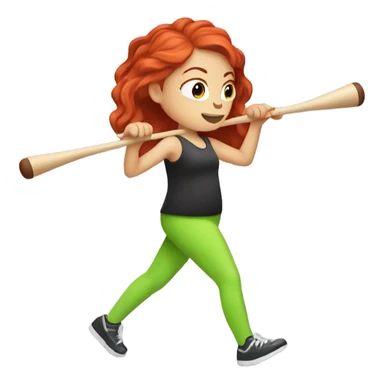 Red headed girl doing a workout with a musical drumstick in each hand but make the drumsticks lime green  sticker