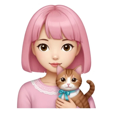 Cute East Asian girl, soft fair skin with blush on cheeks, big brown eyes with long lashes, natural pink lips, inward brown bob with straight bangs. Wearing a stylish pink knit top with ribbon details and subtle lace trim, holding a fluffy Abyssinian cat in arms, gentle smile, sticker