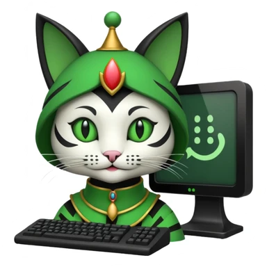 mac os icon code computer retro terminal, black, green white, fantasy court jester cat draw as ASCII GREEN code inside the terminal sticker