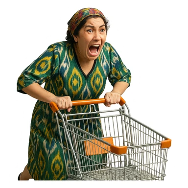 hysterical Uzbek woman with a shopping cart sticker