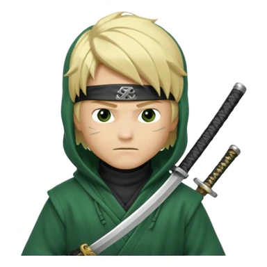 Green ninja Lloyd garmadon blonde hair, kaptur hoody on his head but blonde grzywka visible; the bottom left one is best (the one without miecze + black band + no mask of face) but add miecz; I want no band on head  sticker