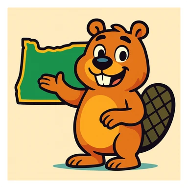 a beaver with an Oregon state outline, friendly cartoon style, vibrant toon sticker