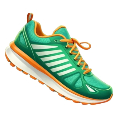 A dynamic icon featuring a pair of running shoes in motion on a scenic trail, surrounded by trees and mountains. The background shows a sunrise, symbolizing energy and passion for running. Transparent background enhances the focus on movement and the joy of outdoor jogging. sticker