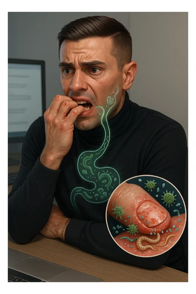 Anxious man at office desk unconsciously biting fingernails, microscopic overlay showing parasitic eggs and bacteria concentrated under nail beds, worms and microorganisms being consumed with each bite, expression of nervous habit unaware of contamination, computer screen reflecting his stress while he infects himself, fingertips raw and bleeding from chronic nail-biting, invisible parasite colonies entering his digestive system sticker