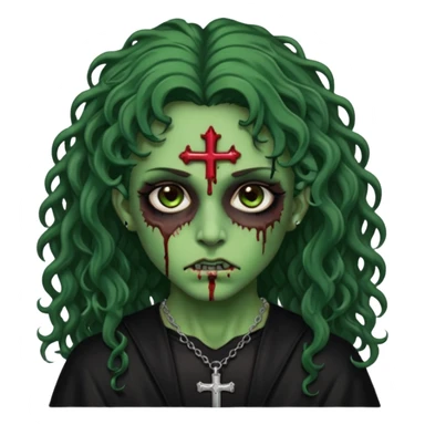 Zumbi verde com olhos castanhos aspecto de que tá sangrando, com cabelo castanho cacheado longo um piercing do lado esquerdo do nariz, roupa preta e crucifixo como colar, e também delineador  sticker