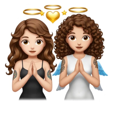 fake angel pose — long wavy brown hair tattooed woman and short tight curly brown hair woman — halo sparkle sticker