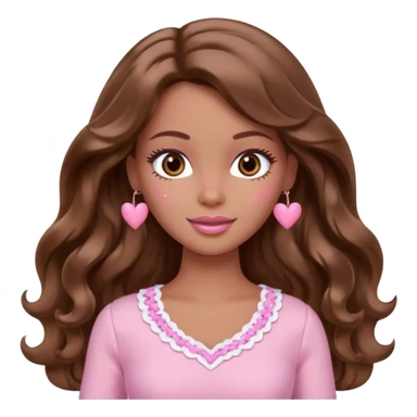 Barbie girl brown long wavy hair and brown eyes is In pale pink clothes There are pink hearts all around sticker
