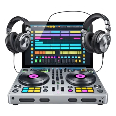 Create a professional and technical emoji that represents remixing music. The design should feature a high-end DJ controller, turntables with vinyl records, and a sound mixing console with faders to symbolize the technical aspects of remixing. Include elements like studio headphones and a laptop or digital audio workstation (DAW) screen to reflect the tools used in music production. Use colors like black, silver, and neon accents to convey the professional, high-tech nature of remixing. The background should be transparent. sticker
