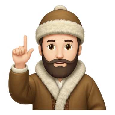 Create an emoji-style illustration of a Caucasian man from the Caucasus region, wearing a traditional woolen papakha hat and a robe made of sheepskin. He has a thick beard and is pointing one finger upward. The style should be simple and expressive, like an emoji. sticker