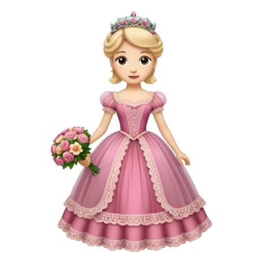 An emoji portrait of a Victorian princess. She is wearing an elaborate crinoline ball gown with intricate lace trim and ribbons. She wears a tiara on her head, and her expression is poised and proper. She is holding a small bouquet of flowers. sticker