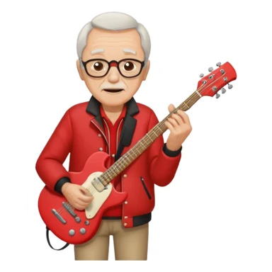guitar rock player, elderly head, red jacket sticker