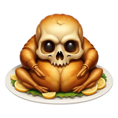 Roasted chicken with a skull head sticker