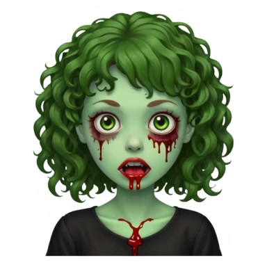 Green zombie emoji girl with curly Brown hair, with curly bangs, wearing a black bluse, blood Just in the tongue sticker