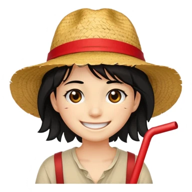 Un personnage avec la peau beige une cicatrice sous l'oeil des cheveux noirs en bataille et un chapeau de paille avec une bande rouge il arbore un grand sourire sticker