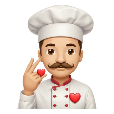 Mustachioed chef giving big emoji kiss to his pinched together fingertips hand with a heart emoji sticker