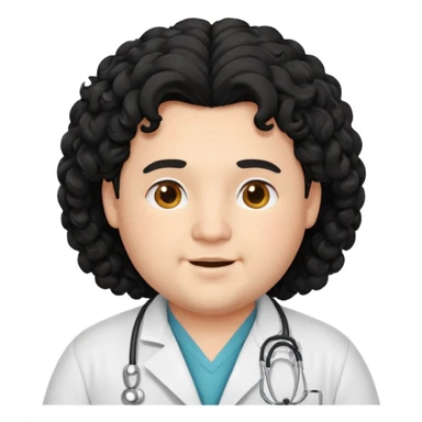 a young chubby male doctor with black long curly hair and cheerful face without gpasses sticker