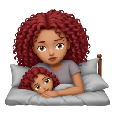 generate a pretty bratz brown skinned girl curly dark red hair, tired in bed in a grey tshirt bored. sticker