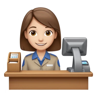Gender-neutral cashier with shoulder-length hair, standing behind a cashier desk, smiling, wearing a neutral-colored uniform sticker