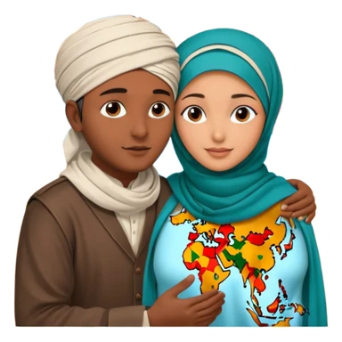 An emotional artistic illustration of an Indian man and an Afghan hijabi girl standing on the maps of India and Afghanistan, symbolically embracing despite the distance, showing love beyond borders. sticker