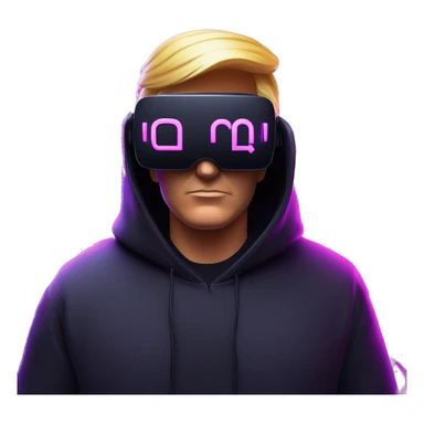Donald Trump wearing a black hoodie with "OMG" letters on it and VR headset oculus quest 2 in a cyberpunk VR environment with violet neon lighting. sticker