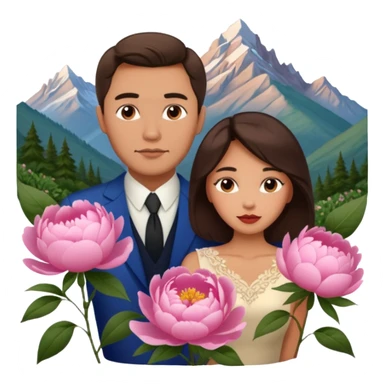 Couple traveling in Montenegro russian man and elegant  Latina girl delicate peonies and mountains in the background  sticker