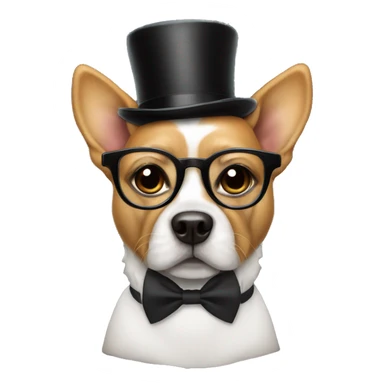 dog wearing a bow tie top hat and a spectacle sticker