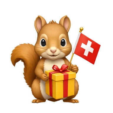 a squirrel holding a yellow gift box in one hand and a red Swiss flag in the other, both objects clearly visible, simple white background, the gift is a different color from the flag sticker