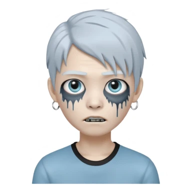 Create a 3D emoji-style avatar with very pale blue-grey zombie skin like the reference image, a young Asian face, and large eyes with white blood tears. Give it white mullet-style hair, silver hoop earrings, and a simple black T-shirt. The expression should be neutral or slightly angry sticker