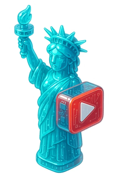 Statue of Liberty with YouTube play button, glossy circuit style sticker