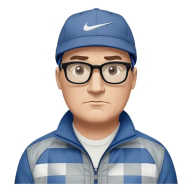 50-year-old heavyset man with very wide face and prominent square jawline. Short straight hair combed to the side, not balding, wearing a black Nike cap. Large dark square glasses. Serious-relaxed expression. Light gray jacket that fits his larger frame, white shirt with blue checkered pattern. sticker