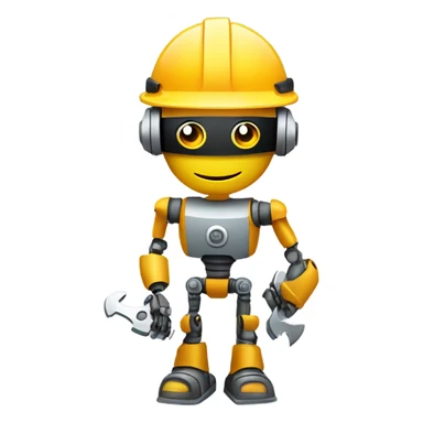 A friendly robot wearing a construction helmet and holding a wrench. Geometric design with rounded edges and a pleasant expression, shown from 3/4 angle in motion. sticker