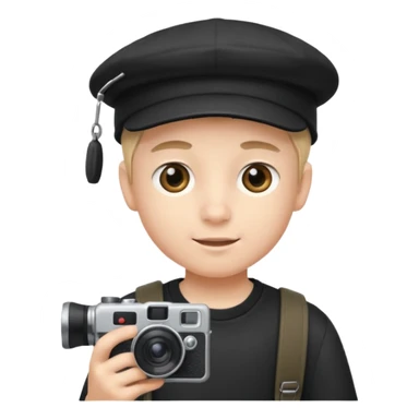 schoolboy with big front teeth wearing a black cap holding a camera in his hand sticker