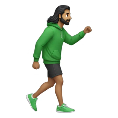an indian man wearing a green sweatshirt, long hair, buzzed beard, black shorts, walking, side profile, one hand raised slightly up to waist level sticker