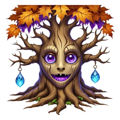 An ancient, psychic tree evolves by absorbing the essence of fallen autumn spirits, sprouting a radiant leaf, channels both forest wisdom and fiery seasonal magic through its gnarled. Purple eyes, blue eyes sharp teeth, bark wood skin, heterochromatic eyes sticker