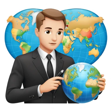Polish man in a business suit analyzing global strategy with a world map sticker