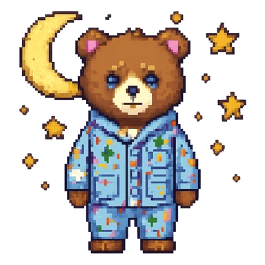 Add a moon and stars in the background, keep pixel art style, with no background except the moon and stars. The style should resemble pixel art. sticker